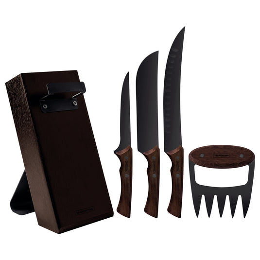 Tramontina Churrasco Black 5-piece barbecue set with a wood block