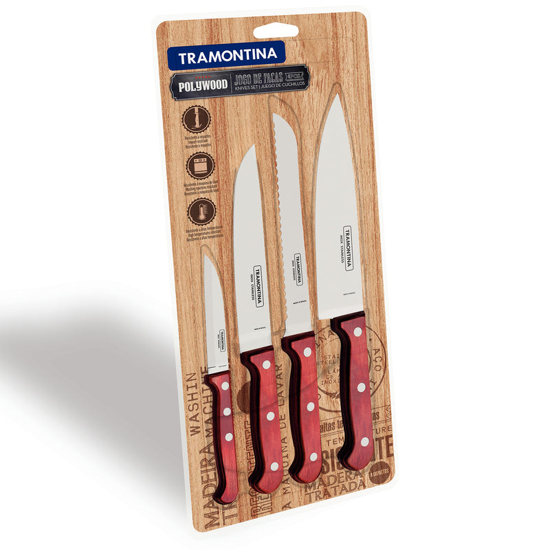 Load image into Gallery viewer, Tramontina Polywood 4 PC Knife Set with Stainless Steel Blades and Red Wood Handles
