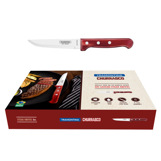 Tramontina Churrasco Gaucho Steak Knife Set, Polywood Red 6Pc