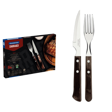 Tramontina 12-Piece Stainless-Steel flatware set with brown Polywood handles