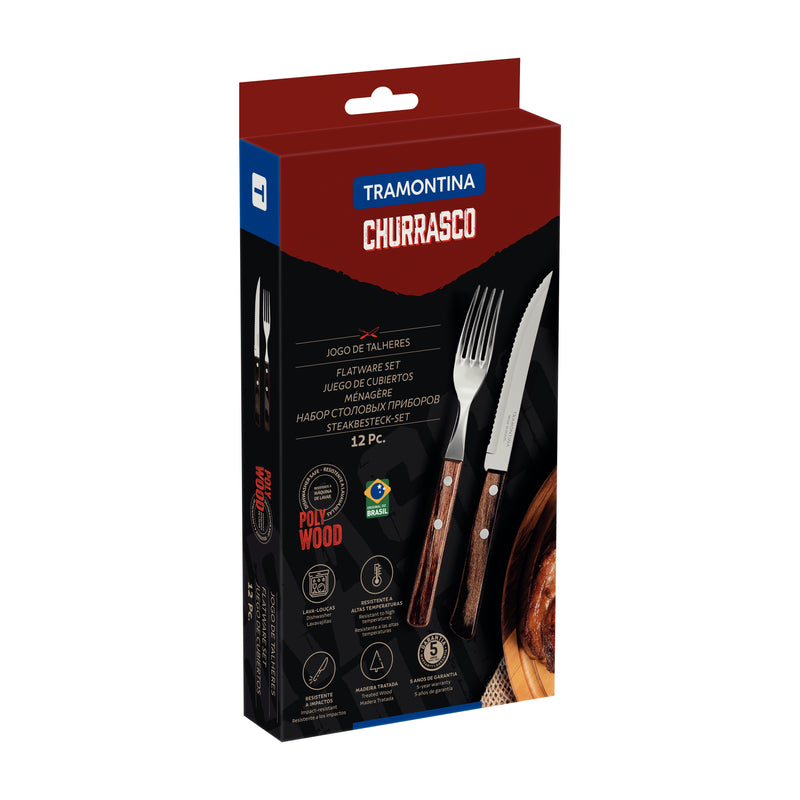 Load image into Gallery viewer, Tramontina 12-Piece Flatware Set with Stainless-Steel Blades and Treated Brown Polywood Handles
