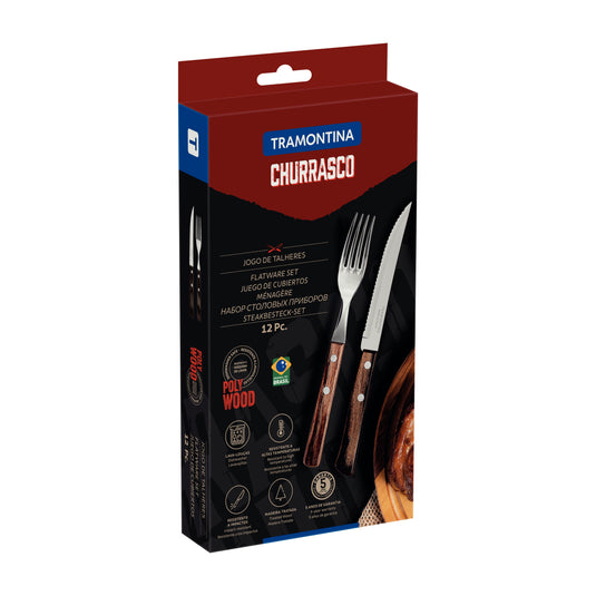 Tramontina 12-Piece Flatware Set with Stainless-Steel Blades and Treated Brown Polywood Handles