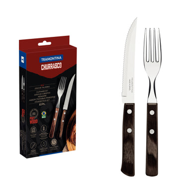 Tramontina 12-Piece Flatware Set with Stainless-Steel Blades and Treated Brown Polywood Handles