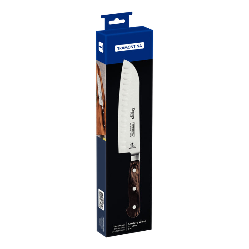 Load image into Gallery viewer, Tramontina Century Wood Santoku Knife with Stainless-Steel Blade and Brown Treated-Wood Handle 7&quot;
