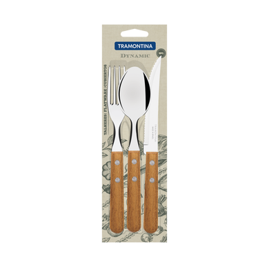 Tramontina Dynamic 3-Piece Flatware Set with Stainless-Steel Blades and Natural Wood Handles