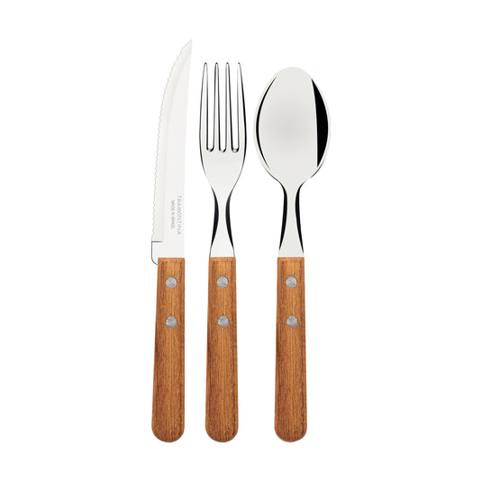 Tramontina Dynamic 3-Piece Flatware Set with Stainless-Steel Blades and Natural Wood Handles