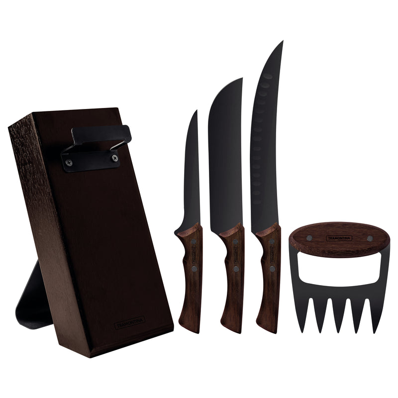 Load image into Gallery viewer, Tramontina Churrasco Black 5-piece barbecue set with a wood block
