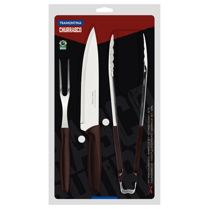 Load image into Gallery viewer, Tramontina Plenus 3-Piece Barbecue Kit with Stainless-Steel Blades and Brown Polypropylene Handles
