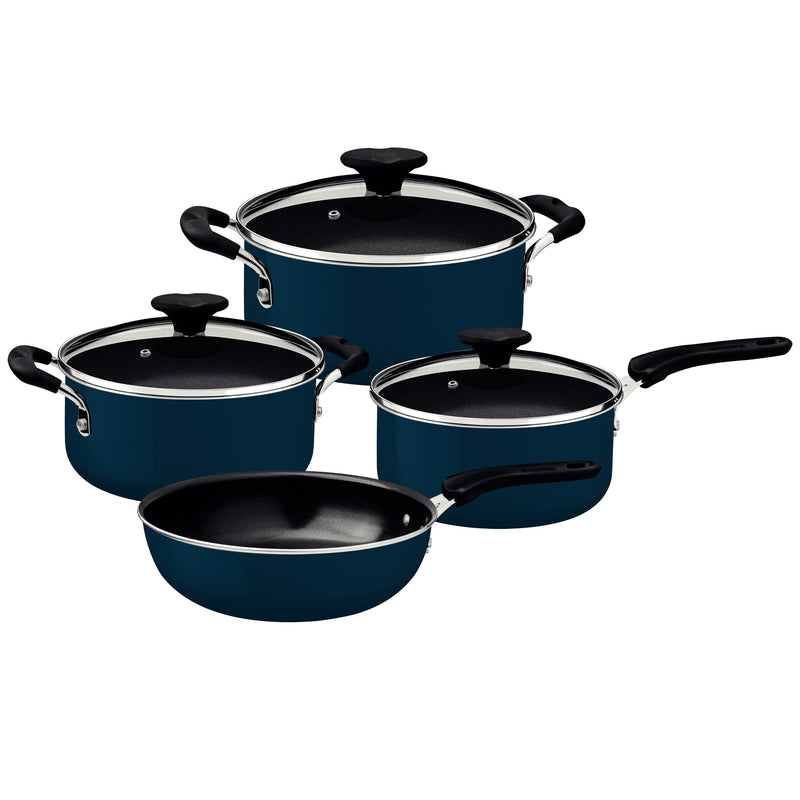 Load image into Gallery viewer, Tramontina Tunis 4-Piece Aluminum Cookware Set with Ceramic Internal Coating and Mediterranean Blue Silicone Exterior
