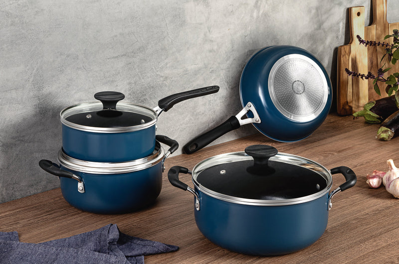 Load image into Gallery viewer, Tramontina Tunis 4-Piece Aluminum Cookware Set with Ceramic Internal Coating and Mediterranean Blue Silicone Exterior
