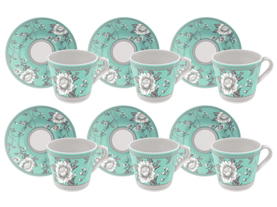 Tramontina Helen 12-Piece Set of Decorated Porcelain Tea Cups and Saucers, 185 ml