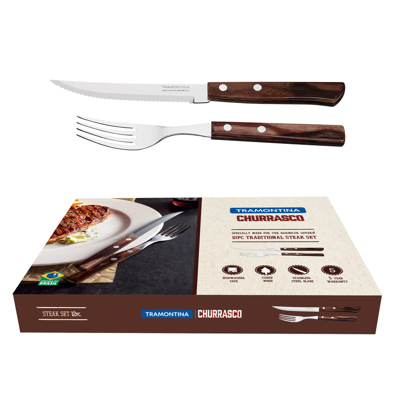 Load image into Gallery viewer, Tramontina Churrasco Traditional Steak Set, Polywood Brown 12Pc
